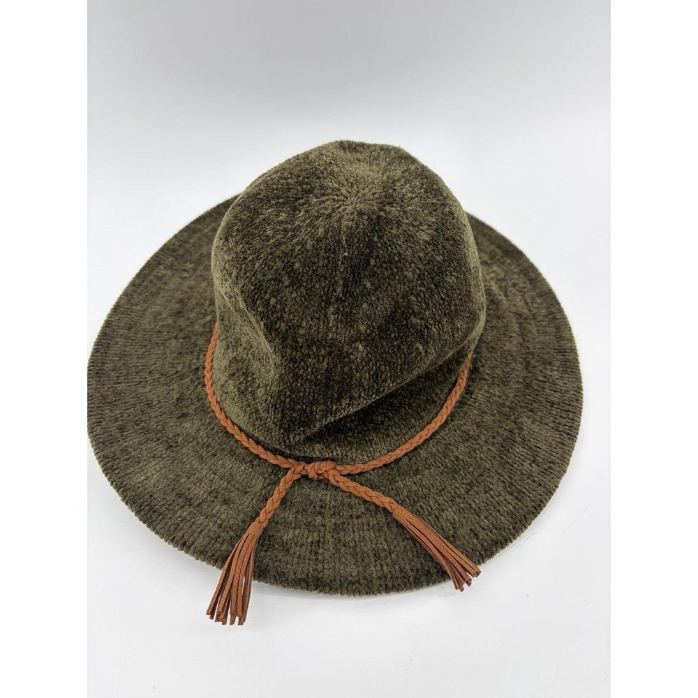 Altar'd State, Fedora Hat, Wide Brim Chenille Velour Dark Green w/ Braided Trim